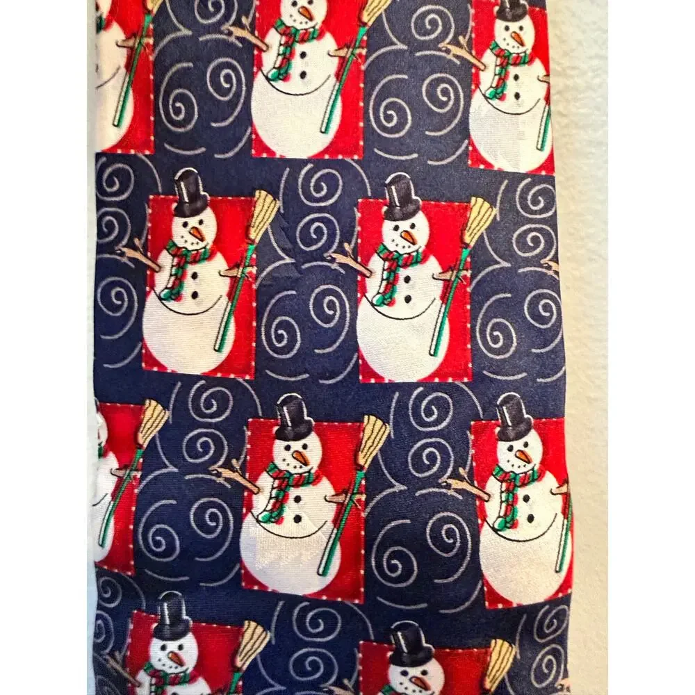 Vintage Holidays Silk Men's Tie - Festive Snowman Patchwork Pattern, Hand Made